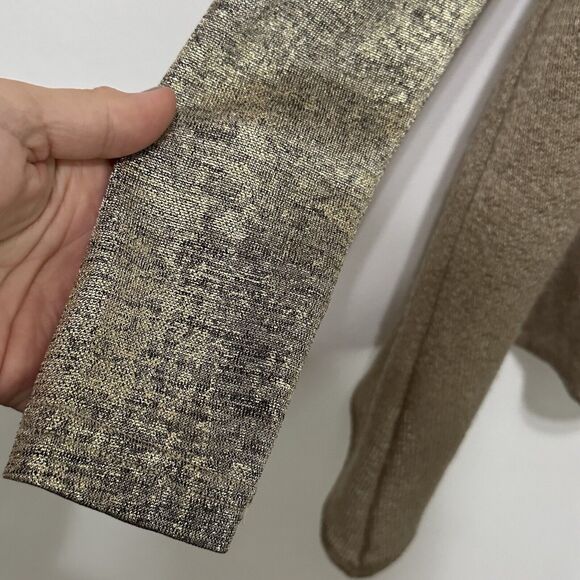 Abi Ferrin Sweater Knit Top S Tan Gold Shimmer Sleeve V Neck Shark Bite Hem Thin - Picture 6 of 12